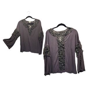 POL Black Lace APPLIQUÉ Long Sleeve V-NECK BOHO BLOUSE Fairy Goth LARGE